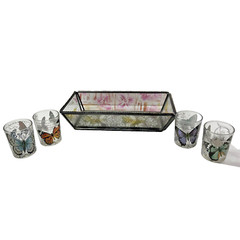 Vintage Estate BUTTERFLY Art Glassware 10.5″x5.5″Deep Tray w 4 Shot Glasses