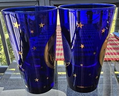 2 Culver Cobalt Blue Glass Celestial Gold Stars & Moon 6 inch Tumbler 22k