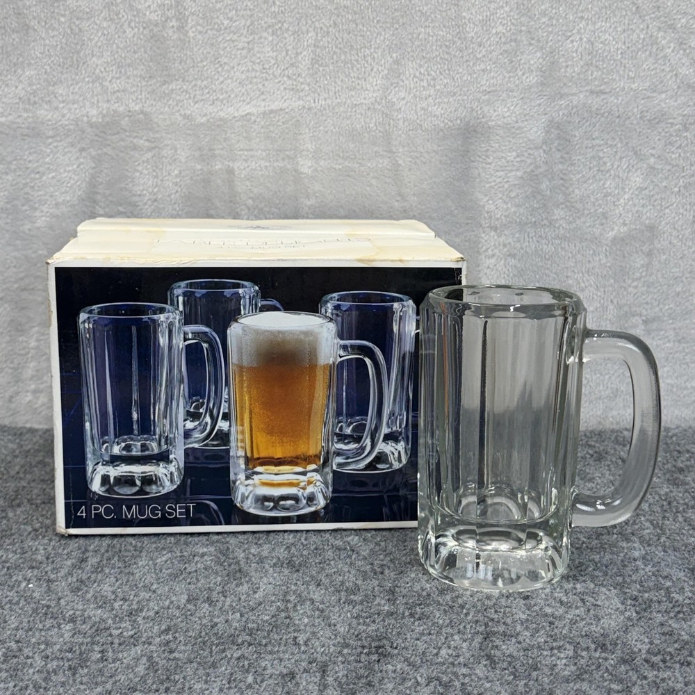 Colony Crafts Beer Mugs SET OF 4 Clear Fluted Faceted Glass 12 Oz USA Made 4963