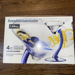NEW In Original Box Vintage Libby Swerve Martini Glasses 6.75oz Blue Glass