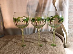 Vtg Set of 3 Handpainted PALM TREES Goblets Wine Stemware Glasses pre-owned