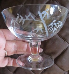 7 Crystal glasses etched bamboo leaves Sherbet Champagne glasses multi side stem