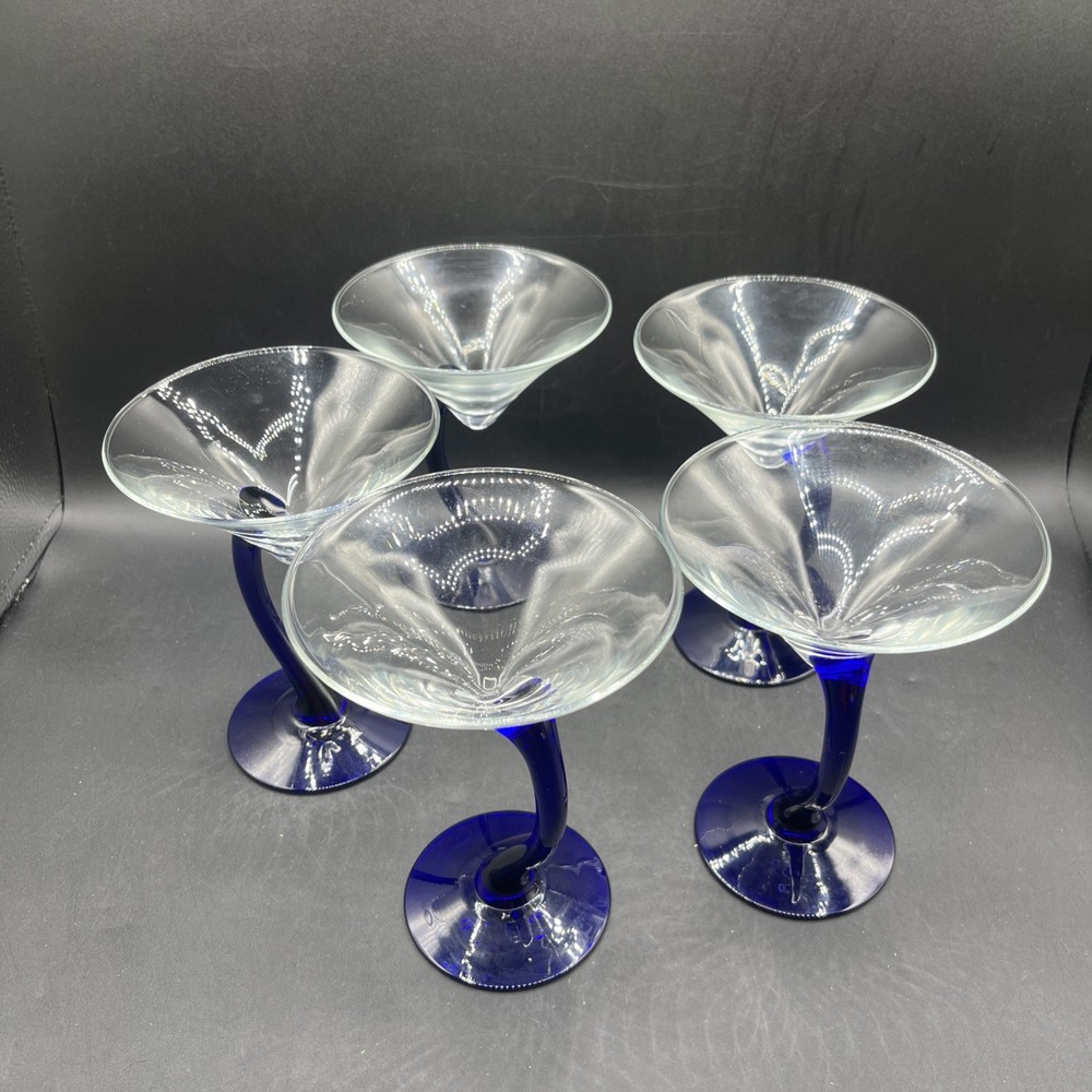 Set of 5 Vintage Libbey Bravura Cobalt Blue Curved Stem Martini Glasses