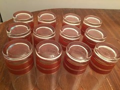 Set of 12 ~ Libbey(?) Glass Tumblers ~ Rust / Gold Stripes ~ 6 1/4″ Tall
