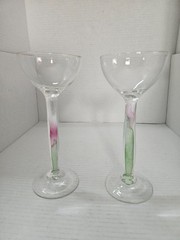 Chris Baker Salmon Hand Blown Art Glass 8 1/2″ Swirl Color Stem Wine Goblets