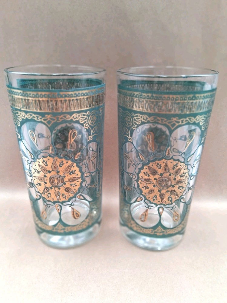 2 Gold Turquoise High Ball Glasses Continental Can Company Gold Medallion MCM
