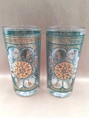 2 Gold Turquoise High Ball Glasses Continental Can Company Gold Medallion MCM