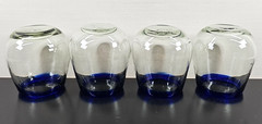 (4) Pier 1 Cobalt Rim Stemless Wine Glasses Set Clear Mexican Hand Blown Art Lot