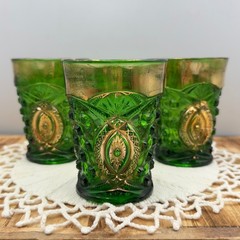 Northwood Memphis Emerald Green Glass Tumblers Gold Gilt Dolls Eye Set of 3 EAPG