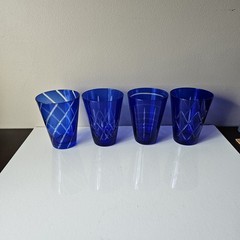 4 Cobalt Blue Cut To Clear Glasses Tumblers All Different Cut Patterns 4.75″