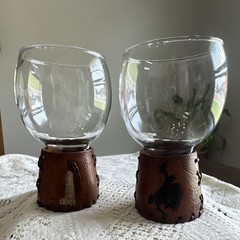 Set of 2 Bamco Glasses with Brown Leather Base, Vintage HTF SouthWestern Theme