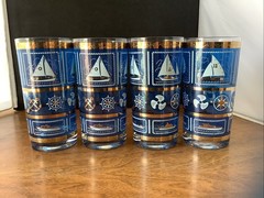 4 MCM Cobalt Blue 5.5” Nautical HighBall Glasses Barware Ship Sailboat jB1
