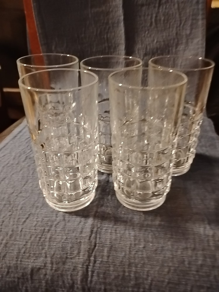 Vintage Etched Geometric Design 5” Clear Glass Tumblers, Set Of 5 Glasses
