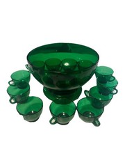 14pc Anchor Hocking Forest Green Glass Punch Bowl Set w Base & 12 Cups 1960s MCM
