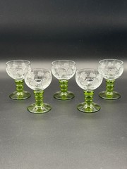 Vintage Luminarc France Set 5 Etched Grape Green Stem Cordial Glasses