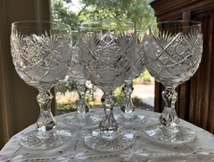 ELMIRA #17 AMERICAN BRILLIANT CUT GLASS WATER WINE GOBLETS (5) C.1903 6 3/4″H