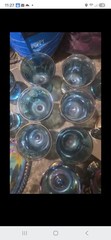 Blue Iridescent Carnival Glass Stemmed Goblet Drinkware Set with Trays