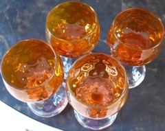 Set 4 Hand Blown ORANGE OPTIC COIN DOT GLASS Water Goblets EMPOLI ITALY 1960s