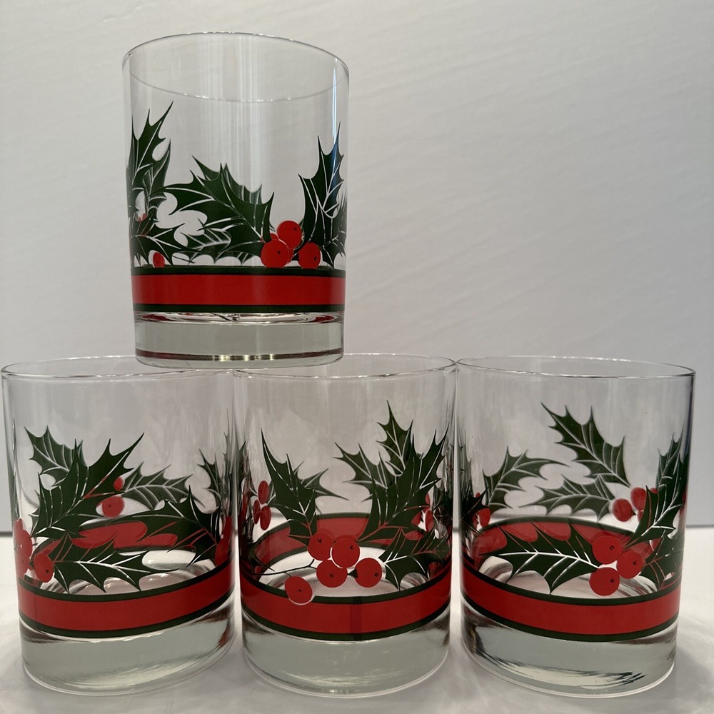 (4) Libbey Holly & Berries Double Old Fashioned Whiskey Blown Glasses Christmas
