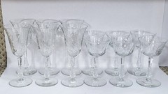 SET of 12 Vintage 20th C Etched 6x Wine & 6x Cocktail CRYSTAL Goblet GLASSES