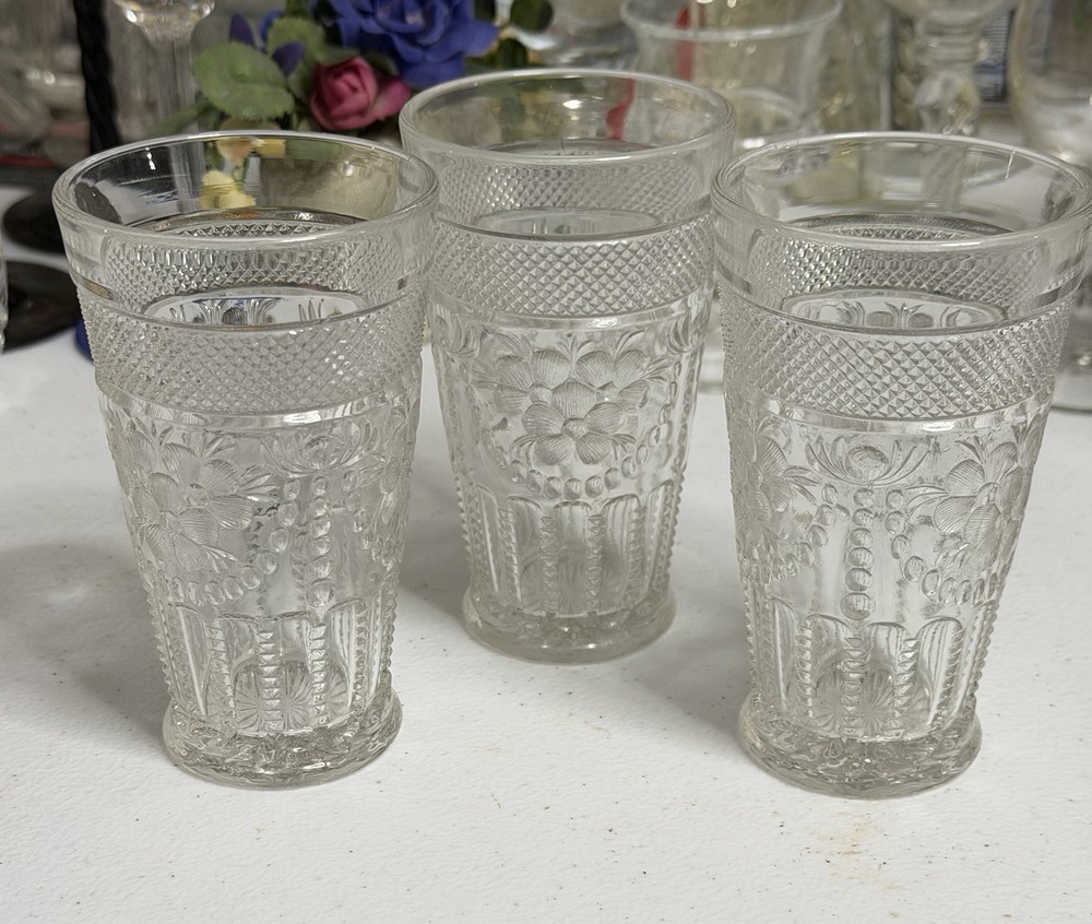 Vintage Pressed Glass Tumblers Set of 3 Floral Grape Diamond Pattern Starburst