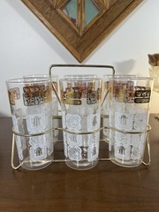Set of 6 Anchor Hocking Butterprint Glasses Amish Horse Carriage With Holder