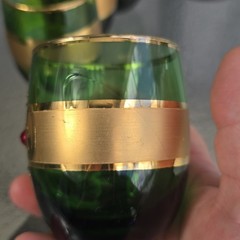 Mid Century Emerald Green & Gold Jeweled Czech Bohemian Cordial Cocktail Glasses