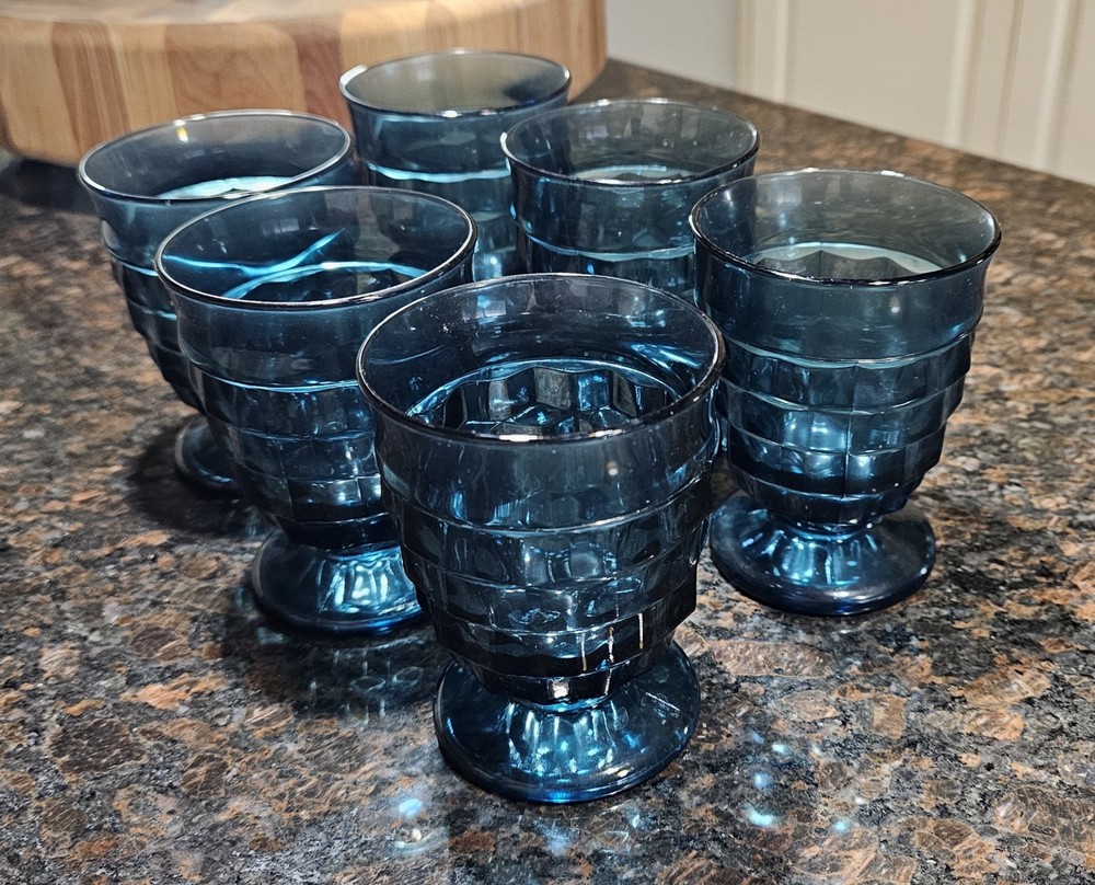 Vintage Colony Glass Whitehall 4 3/8” Riviera Blue Cubist Juice Tumbler Set of 6