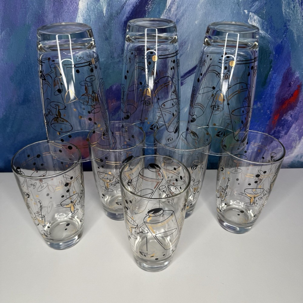 Cocktail Tumbler MCM Glasses Black & Gold Set of 8 Midcentury Modern Vintage