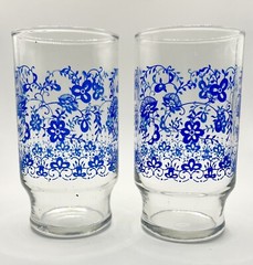 Vintage Blue Floral Juice Glasses, Blue Onion Pattern, Glassware