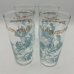 Vtg 4 Federal Glass Tall Highball 18 oz Tumblers Aqua Gold Floral Glasses