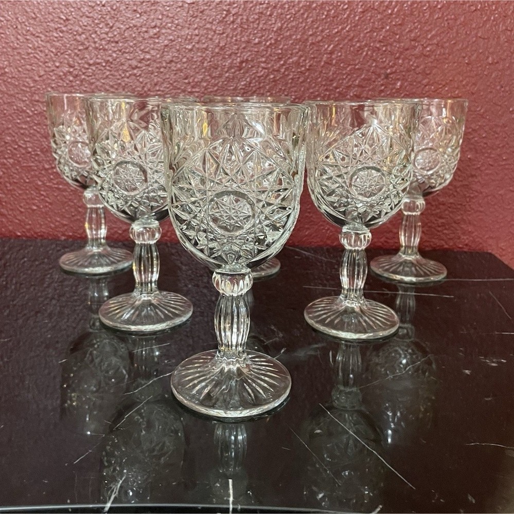 Vintage Libbey Hobstar Goblets Set of 6 Star of David Clear Glass Glasses