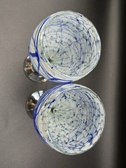 2 Hand Blown Wine Water Glasses Goblet White Blue Cobalt Swirl Clear Base