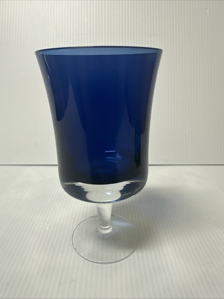 Vintage Cobalt Blue Hand Blown Goblet Wine Glass Clear Stem Weighted Base 6.5″
