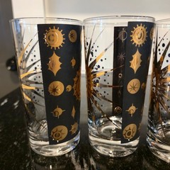 Vintage Fred Press Atomic Sunburst Glasses Black 22K Gold Barware Set MCM 6 cups