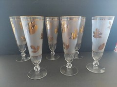 Libbey Golden Leaf Frosted Pilsner Champagne Glasses MCM Vtg Set of 6 Excellent