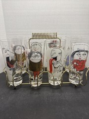 Vtg 50s Osborne Kemper Thomas Highball Cocktail Glasses Libby Bar Humor Carrier
