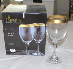 Imperial Crystal Stemware Set of FOUR Water Goblets 24 K Gold Hand Decorated