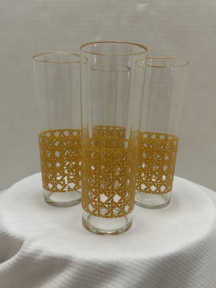 Rare Set of 4 Cane Pattern Woven Rattan Design Tom Collins Glasses Barware