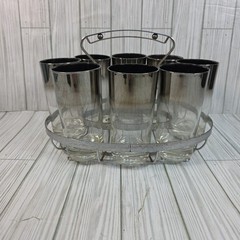 Silver Rim Highball Glasses 8pc W/ Chrome Carrier MCM Dorothy Thorpe