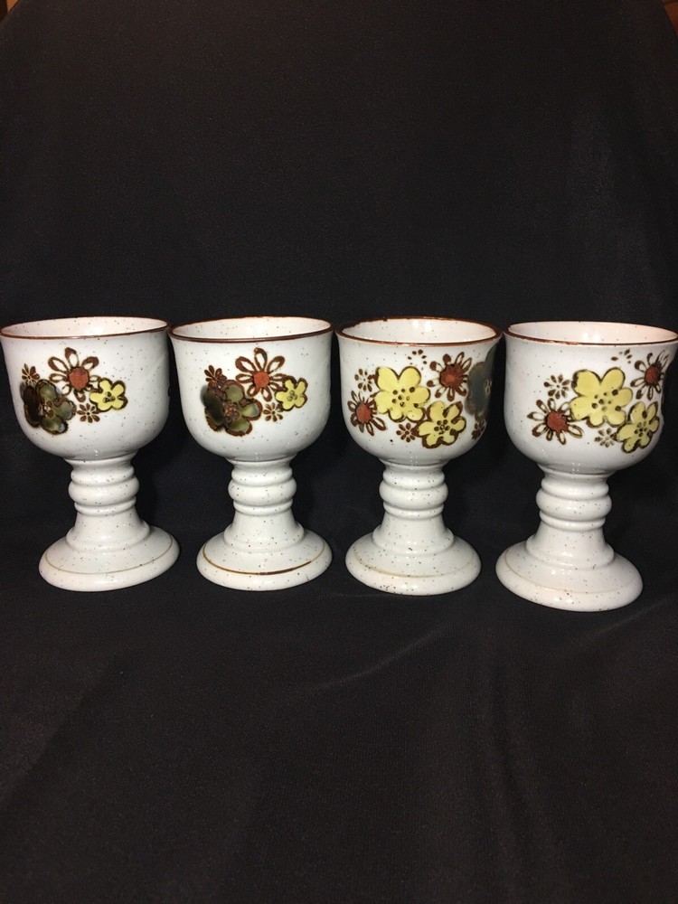 Vintage 1970s Otagiri Stoneware Goblets Speckled Floral Pansy Wine Chalice Boho