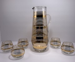 Vintage Barware Set 6 Gold Striped Pitcher 5 Roly Poly Glasses Hand Blown