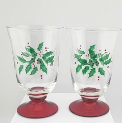 Set 4 Vintage GORHAM Red Footed Festive Holly Goblets All Purpose Water Glasses