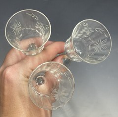 Lot of 3) Antique Paneled Etch Glass Cordial Sipping Glasses Victorian Edwardian