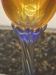Glass Tulip Iridescent & Cobalt Blue Signed Rick Strini Wine Glasses