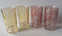 Pink & Gold Flower Etched Highball Glass 8 Oz Set Of 4 Mid Century Modern