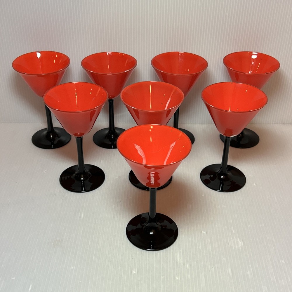 (8) Gorgeous ART DECO Czech Style Red & Black Stemmed Cocktail Cordial Glasses
