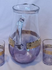 Vintage Pasabahce Glass w/Gold Etched Design Pitcher w/6 Glasses