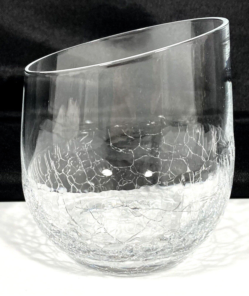Pier 1 Crackle SLANTED Angled Rim Clear STEMLESS Wine Glass 12 oz 4″ EX RARE