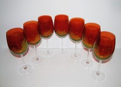 Amber Orange Clear Stem Set of 7 Wine / Water Crystal Luster Goblets 8-1/2” Tall